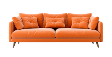 Chic tangerine orange sofa with backrest and plush cushions, stylishly perched on slender wooden legs, on transparent background. Cut out furniture. Front view. PNG. AI generated png