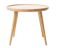 Scandinavian-style round wooden side table with elegantly tapered legs, presenting a smooth, natural finish, on transparent background. Coffee table, cut out. Front view. PNG. AI generated png