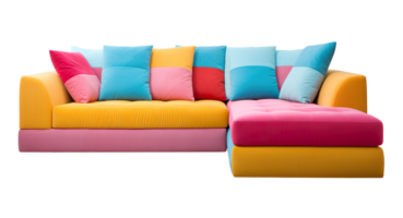 Vibrant sectional sofa with a mix of yellow, pink, and blue hues, paired with multicolor cushions, front view on transparent background. Cut out furniture. PNG. AI Generated png