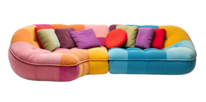 modern veelkleurig gebogen sofa met een harmonisch mengsel van warm en koel tonen en geassorteerd Gooi kussens, Aan transparant achtergrond. besnoeiing uit meubilair. voorkant visie. png. ai gegenereerd png