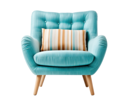 accogliente blu poltrona nel scandinavo stile con di legno gambe e cuscino, Perfetto per moderno vivente spazio. sala sedia su trasparente sfondo. tagliare su arredamento. davanti Visualizza. png. ai generato png