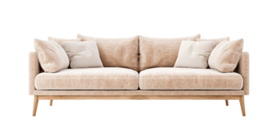 elegante estilo escandinavo sofá en beige con limpiar líneas y felpa cojines, conjunto en natural madera piernas. sofá en transparente antecedentes. cortar fuera mueble. frente vista. png. ai generado png