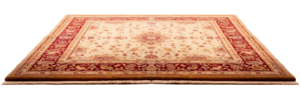 Elegant traditional Persian carpet with intricate red and gold patterns, fringed edges, ideal for classic interiors, on transparent background. Cut out home decor. Front view. PNG. AI generated png