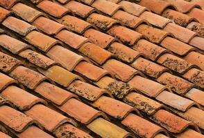 a close up of a roof with many different types of tiles photo
