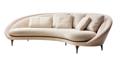 Stylish beige sofa with cushions and a contemporary curved design, offering comfort and modern elegance, on transparent background. Cut out furniture. Front view. PNG. AI generated png