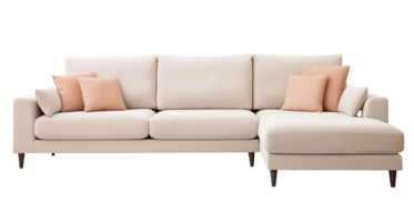 moderno beige en corte sofá con elegante líneas y suave rosado acento almohadas, Perfecto para contemporáneo vivo espacio, en transparente antecedentes. cortar fuera mueble. frente vista. png. ai generado png