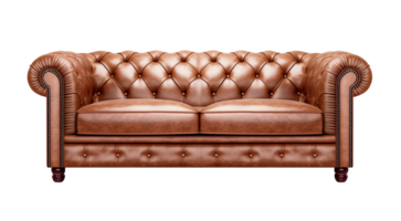 Elegant, classic brown leather sofa, embodying sophistication and timeless design, on transparent background. Cut out furniture. Front view. PNG. AI generated png