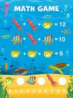 Math game worksheet cartoon animals, fish, turtle vector