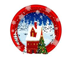 Christmas paper cut banner with house building vector