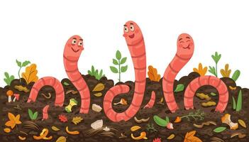 Tres dibujos animados tierra gusanos en compost suelo suelo vector