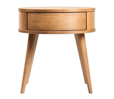 Classic round side table with a single drawer, featuring a smooth walnut finish and splayed wooden legs, on transparent background. Coffee table, cut out. Front view. PNG. AI generated png