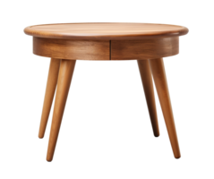klassisch runden Seite Tisch, mit ein glatt Nussbaum Fertig und gespreizt hölzern Beine, auf transparent Hintergrund. Kaffee Tisch, Schnitt aus. png. ai generiert png