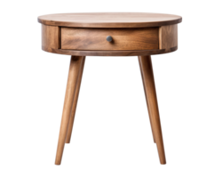 Classic round side table with a single drawer, featuring a smooth walnut finish and splayed wooden legs, on transparent background. Coffee table, cut out. Front view. PNG. AI generated png