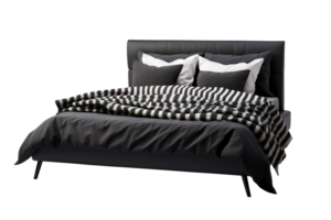 élégant noir lit avec une lisse tête de lit, habillé dans luxueux noir draps, évoquant moderne élégance. Couper en dehors chambre meubles. double lit sur transparent Contexte. png. ai généré png