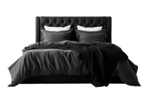 opulent schwarz Bett geschmückt mit luxuriös dunkel Bettwäsche und kontrastieren Weiß Kissen, Angebot ein anspruchsvoll Schlafzimmer ästhetisch. doppelt Bett auf transparent Hintergrund. Vorderseite Sicht. png. ai generiert png