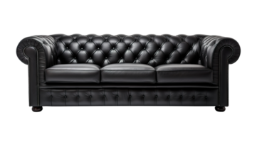 Elegant, classic black leather sofa, embodying sophistication and timeless design, on transparent background. Cut out furniture. Front view. PNG. AI generated png