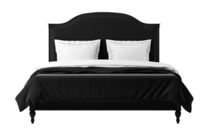 clásico negro cama con un elegante silueta, presentando crujiente blanco hojas y un sofisticado negro colcha. doble cama en transparente antecedentes. cortar fuera mueble. frente vista. png. ai generado png