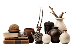Rustic home decor items including ceramic vases, wooden branches, antique books, candle, and woven basket, on transparent background. Interior accessories, cut out. Vintage style. PNG. AI Generated png
