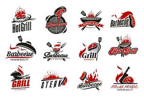 BBQ grill icons, barbecue meat on fire, steak bar vector