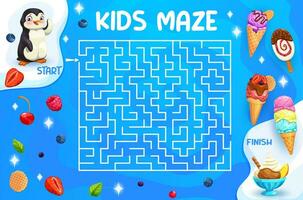 Labyrinth maze game, help penguin find ice cream vector