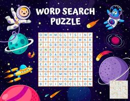 Word search puzzle game, cartoon space characters vector