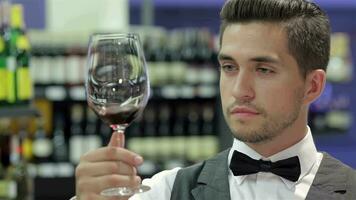zelfverzekerd jong Mens in vest en boog stropdas onderzoeken rood wijn video