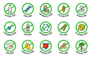 Sugar, gluten, GMO and lactose free icons, signs vector