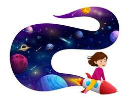 Cartoon kid girl astronaut flying on space rocket vector