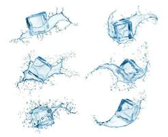 Drink water splashes and ice cubes with drops vector