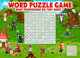 Word search puzzle game, cartoon fairytale gnomes vector