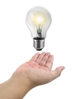 Ideas bulb light on a hand, transparent background png