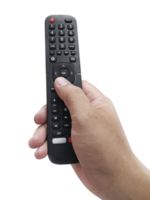 Hand pressing remote control, transparent background png