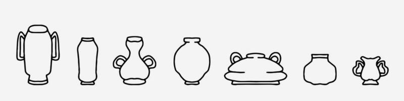 Ceramic dishes are arranged in a row. Comparison of the volume in the education of children. Demonstration of the volume difference. Pottery is an original craft. Contoured ceramic products of shapes vector