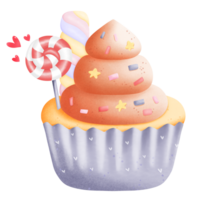 Watercolor cupcakes whipped cream with lollipops and jelly illustrations png