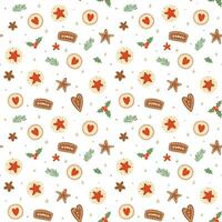 Christmas cookies seamless pattern Vector tasty gingerbread background, winter holiday pastry wallpaper. New Year baking fir branches childish illustration. Cute wrapping paper, fabric, package design