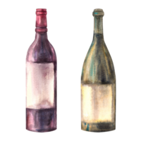 Watercolor set of two bottles of red and white wine. Watercolour hand draw alcoholic beverages illustration. Grape winemaking. design of drink menu, wine list, label, sticker print png