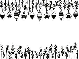 Christmas pattern with fir branches and toys. Sketched holiday garlands and decorations isolated on white background. Hand drawn vector illustration