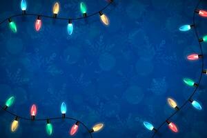 Christmas blue backdrop with lights garland over winter themed pattern with snowflakes and blurred bokeh lights. Festive design element for xmas holiday poster, banner, card or social media posting vector