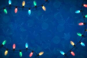 Christmas blue backdrop with lights garland over winter themed pattern with snowflakes and blurred bokeh lights. Festive design element for xmas holiday poster, banner, card or social media posting vector