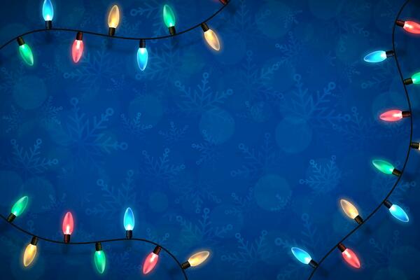 Christmas blue backdrop with lights garland over winter themed pattern with snowflakes and blurred bokeh lights. Festive design element for xmas holiday poster, banner, card or social media posting