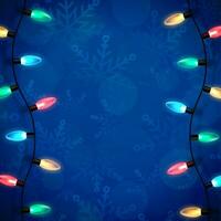 Christmas blue backdrop with lights garland over winter themed pattern with snowflakes and blurred bokeh lights. Festive design element for xmas holiday poster, banner, card or social media posting vector