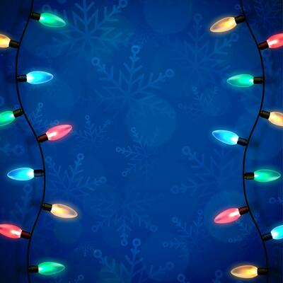 Christmas blue backdrop with lights garland over winter themed pattern with snowflakes and blurred bokeh lights. Festive design element for xmas holiday poster, banner, card or social media posting