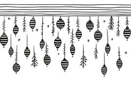 Christmas pattern with fir branches and toys. Sketched holiday garlands and decorations isolated on white background. Hand drawn vector illustration