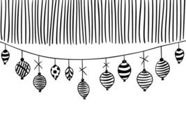 Christmas pattern with fir branches and toys. Sketched holiday garlands and decorations isolated on white background. Hand drawn vector illustration