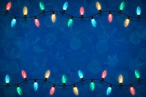 Christmas blue backdrop with lights garland over winter themed pattern with snowflakes and blurred bokeh lights. Festive design element for xmas holiday poster, banner, card or social media posting vector