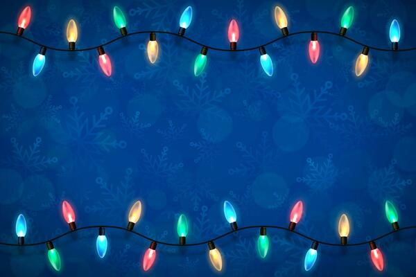 Christmas blue backdrop with lights garland over winter themed pattern with snowflakes and blurred bokeh lights. Festive design element for xmas holiday poster, banner, card or social media posting
