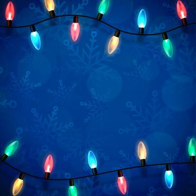 Christmas blue backdrop with lights garland over winter themed pattern with snowflakes and blurred bokeh lights. Festive design element for xmas holiday poster, banner, card or social media posting