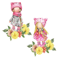 Composition of doll Tilda in dress and dahlia flowers. png