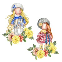 composición de muñeca tilda en vestir y dalia flores png