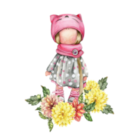 Composition of doll Tilda in dress and dahlia flowers. png